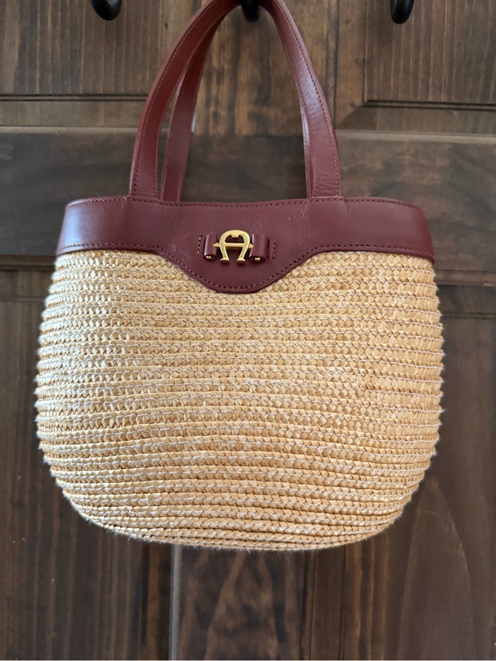 Etienne Aiiger Straw Tote Bag with Brown Leather Trim and Gold Accent EUC